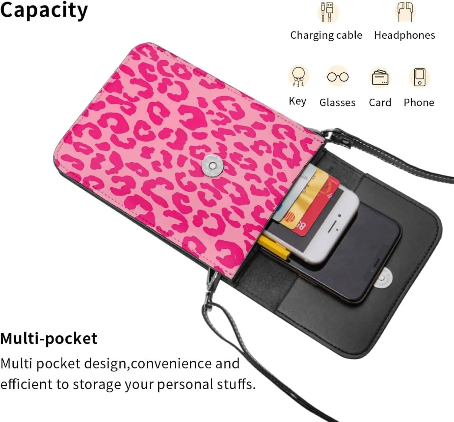 Hot Pinks Cheetah Aesthetic Leather Crossbody Phone Purse for Women Cute Wallet Bags Lightweight Mini Sling Bag
