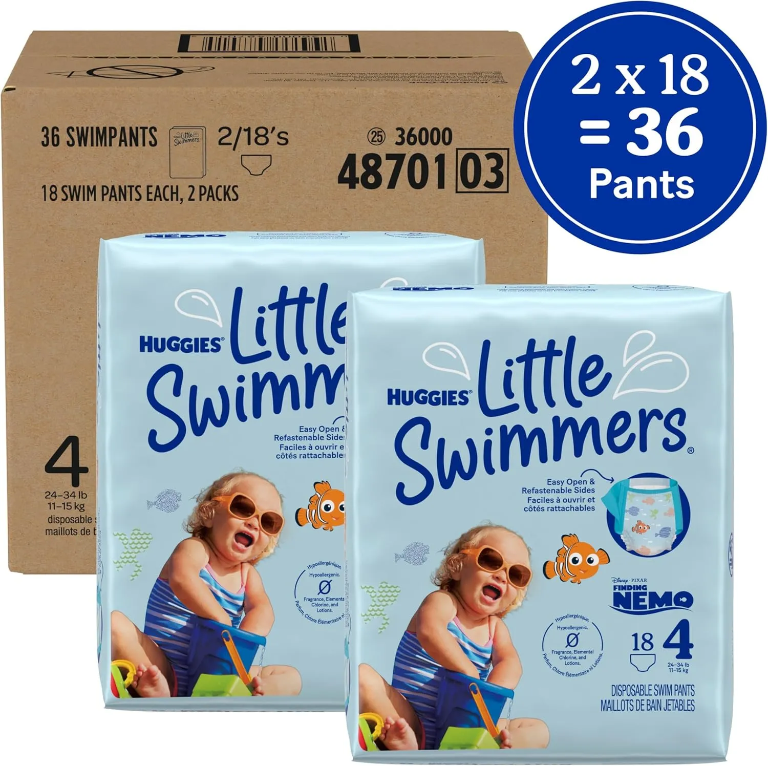 Huggies Little Swimmers Disposable Swim Diapers, Size 4 (24-34 lbs), 36 Ct (2 packs of 18), Packaging May Vary