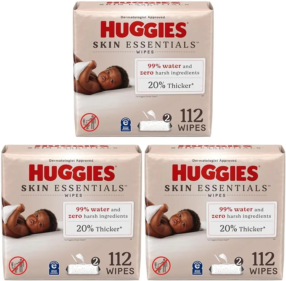 Huggies Skin Essentials Baby Wipes, Hypoallergenic, 99% Water, 2 Flip Top Packs (112 Wipes Total) (Pack of 3)