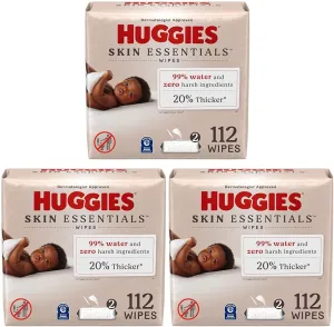 Huggies Skin Essentials Baby Wipes, Hypoallergenic, 99% Water, 2 Flip Top Packs (112 Wipes Total) (Pack of 3)
