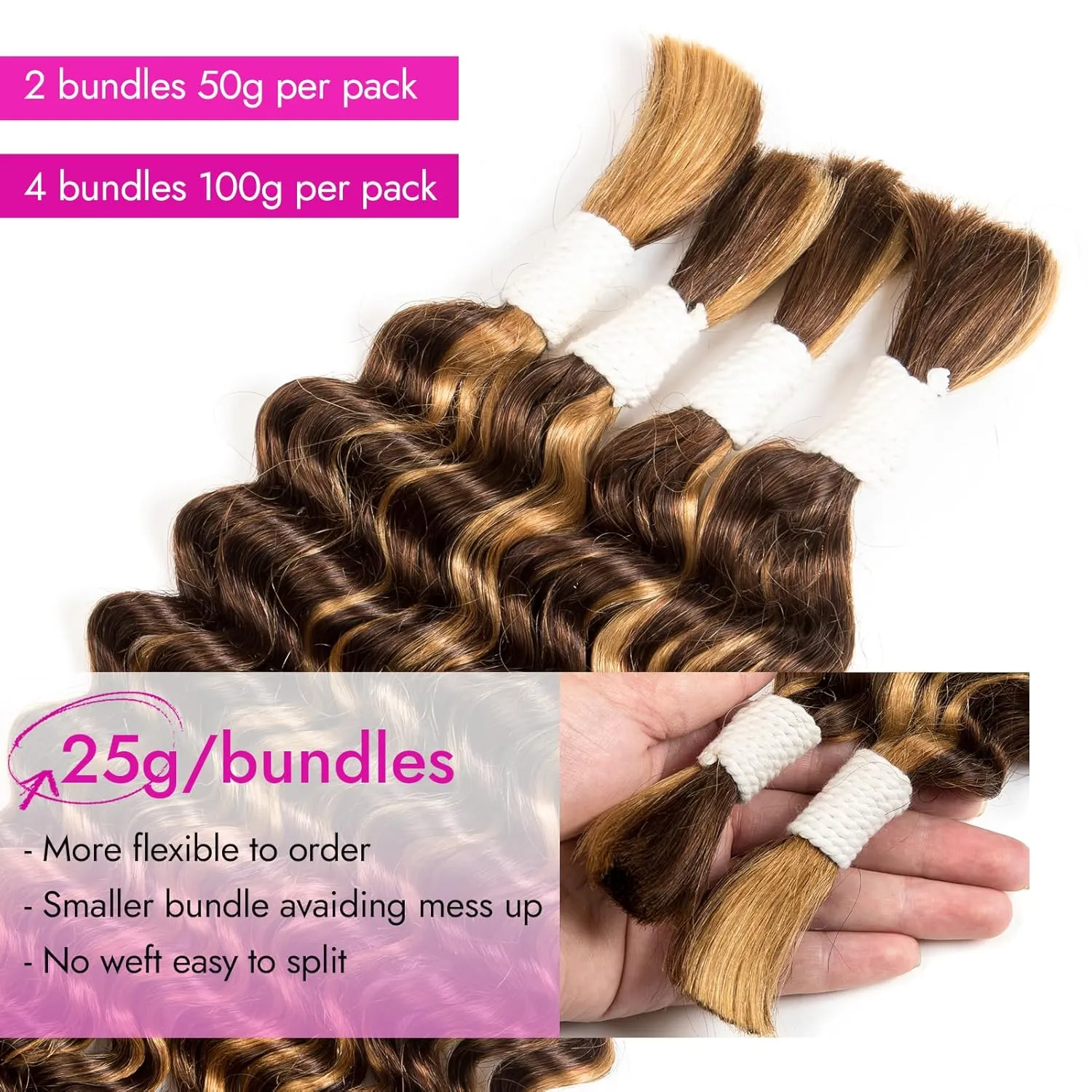 Human Braiding Hair Deep Water Wave 2 Bundles/Pack 50g 18 Inch, Chololate Brown to Honey Blonde Bulk Human Hair Braiding Hair for Boho Braids, Curly Wet and Wavy Bohemian Human Hair for Braiding