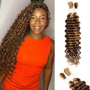 Human Braiding Hair Deep Water Wave 2 Bundles/Pack 50g 18 Inch, Chololate Brown to Honey Blonde Bulk Human Hair Braiding Hair for Boho Braids, Curly Wet and Wavy Bohemian Human Hair for Braiding