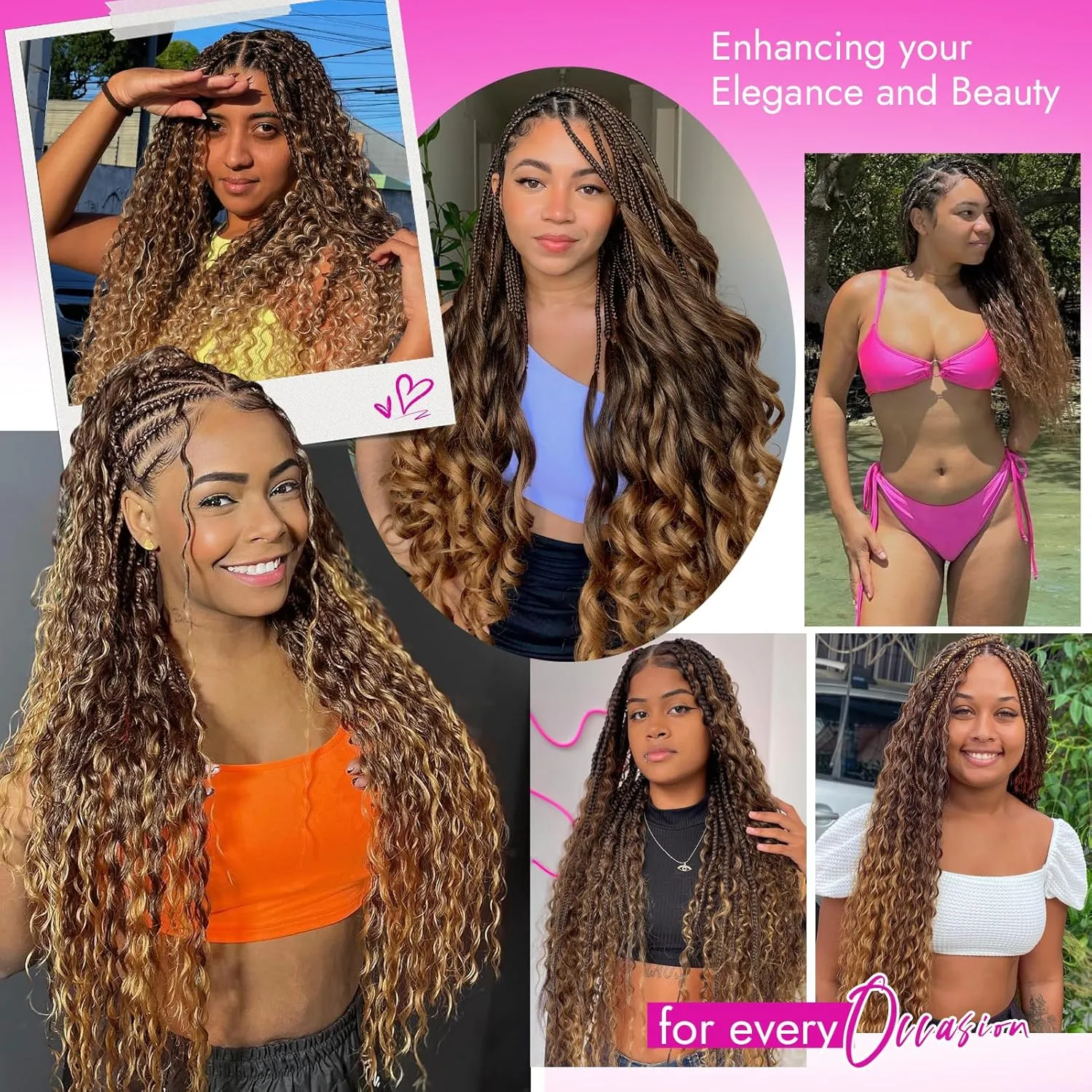 Human Braiding Hair Deep Water Wave 2 Bundles/Pack 50g 18 Inch, Chololate Brown to Honey Blonde Bulk Human Hair Braiding Hair for Boho Braids, Curly Wet and Wavy Bohemian Human Hair for Braiding