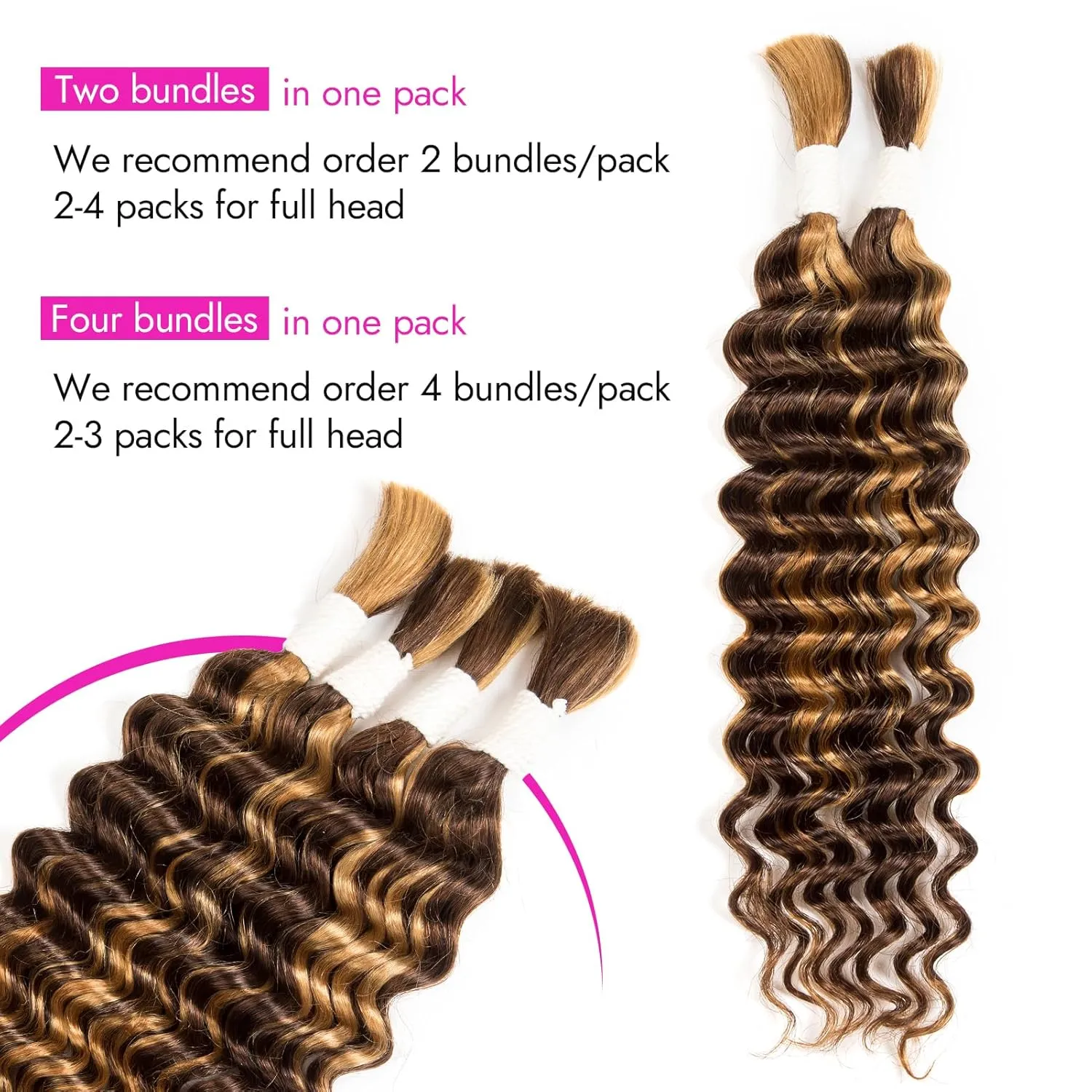 Human Braiding Hair Deep Water Wave 2 Bundles/Pack 50g 18 Inch, Chololate Brown to Honey Blonde Bulk Human Hair Braiding Hair for Boho Braids, Curly Wet and Wavy Bohemian Human Hair for Braiding