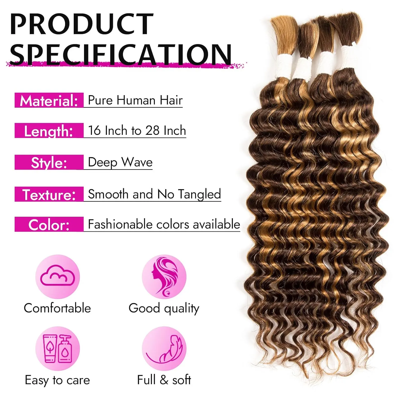Human Braiding Hair Deep Water Wave 2 Bundles/Pack 50g 18 Inch, Chololate Brown to Honey Blonde Bulk Human Hair Braiding Hair for Boho Braids, Curly Wet and Wavy Bohemian Human Hair for Braiding
