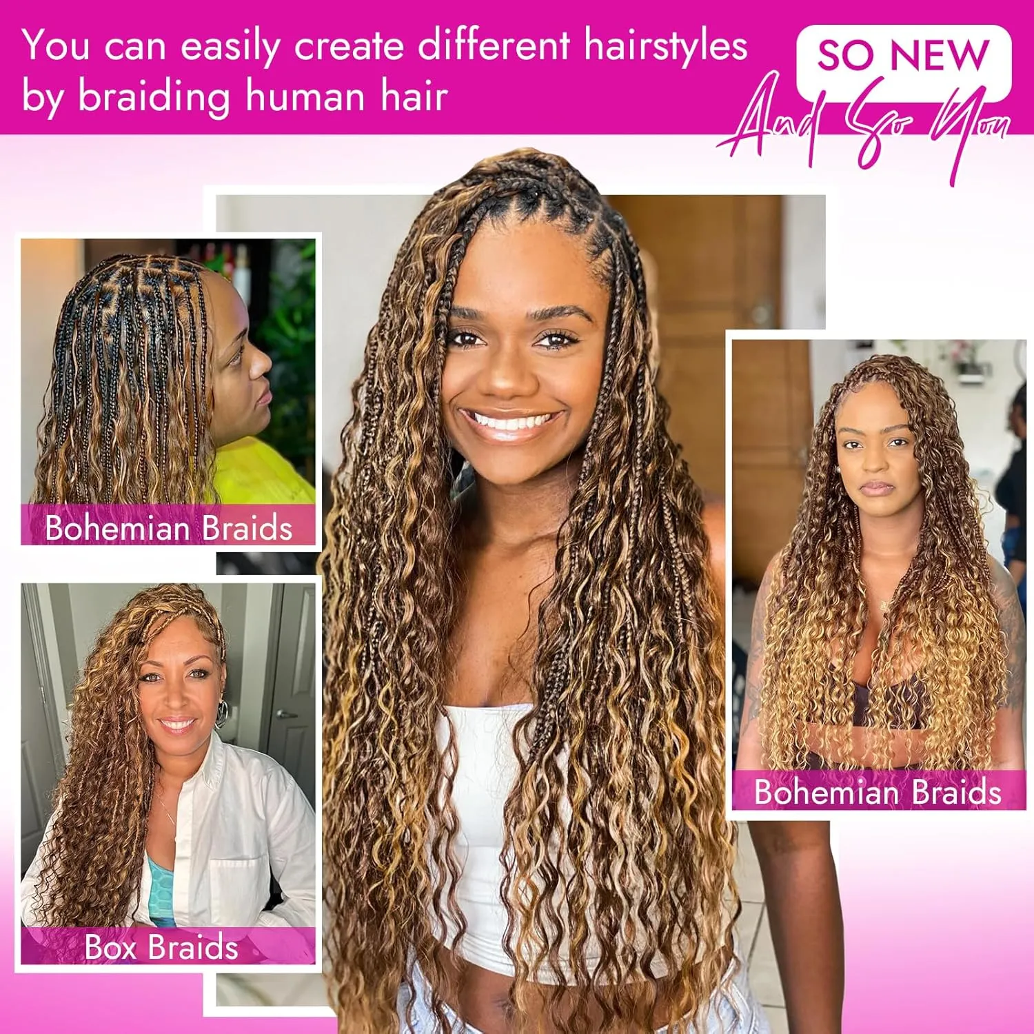 Human Braiding Hair Deep Water Wave 2 Bundles/Pack 50g 18 Inch, Chololate Brown to Honey Blonde Bulk Human Hair Braiding Hair for Boho Braids, Curly Wet and Wavy Bohemian Human Hair for Braiding