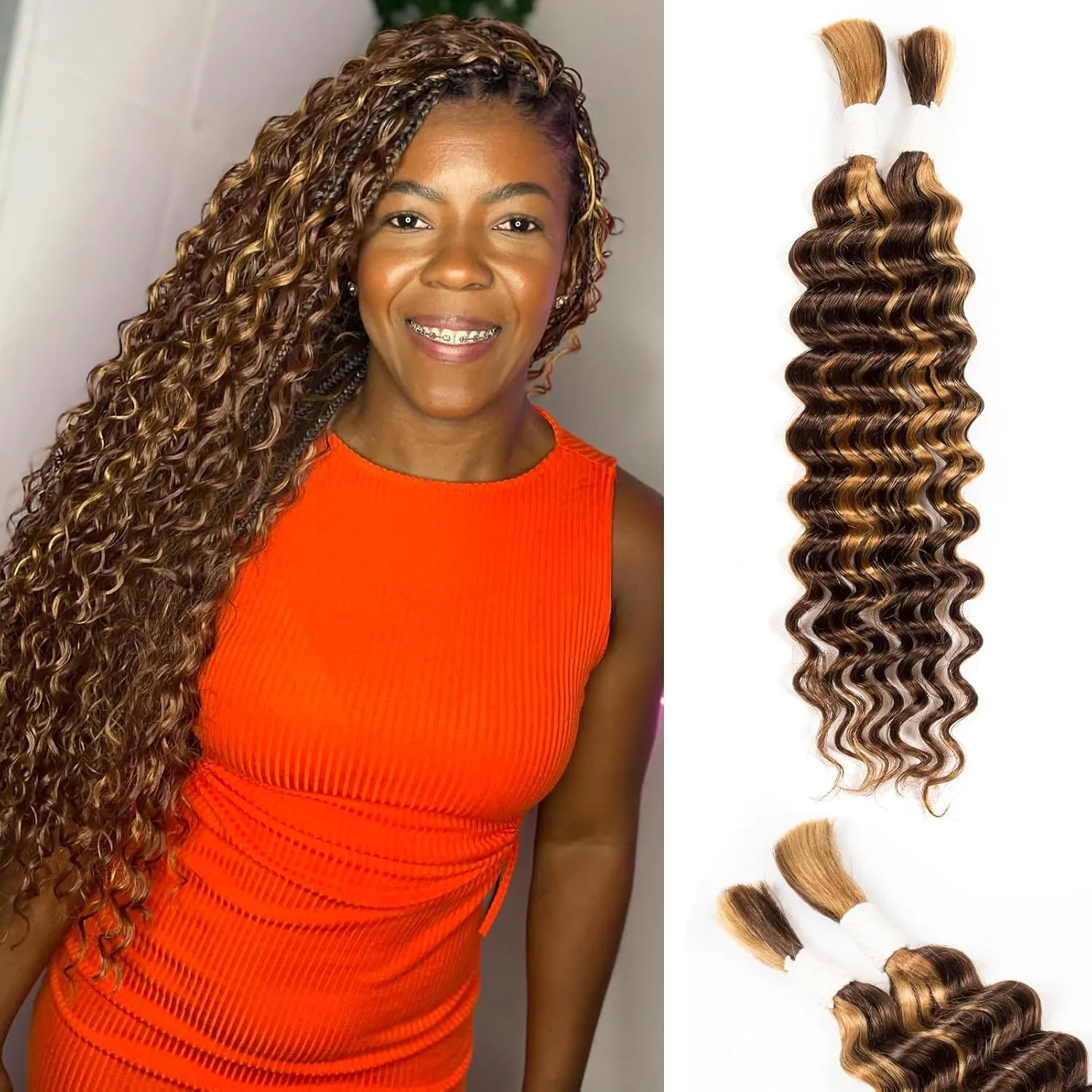 Human Braiding Hair Deep Water Wave 2 Bundles/Pack 50g 18 Inch, Chololate Brown to Honey Blonde Bulk Human Hair Braiding Hair for Boho Braids, Curly Wet and Wavy Bohemian Human Hair for Braiding