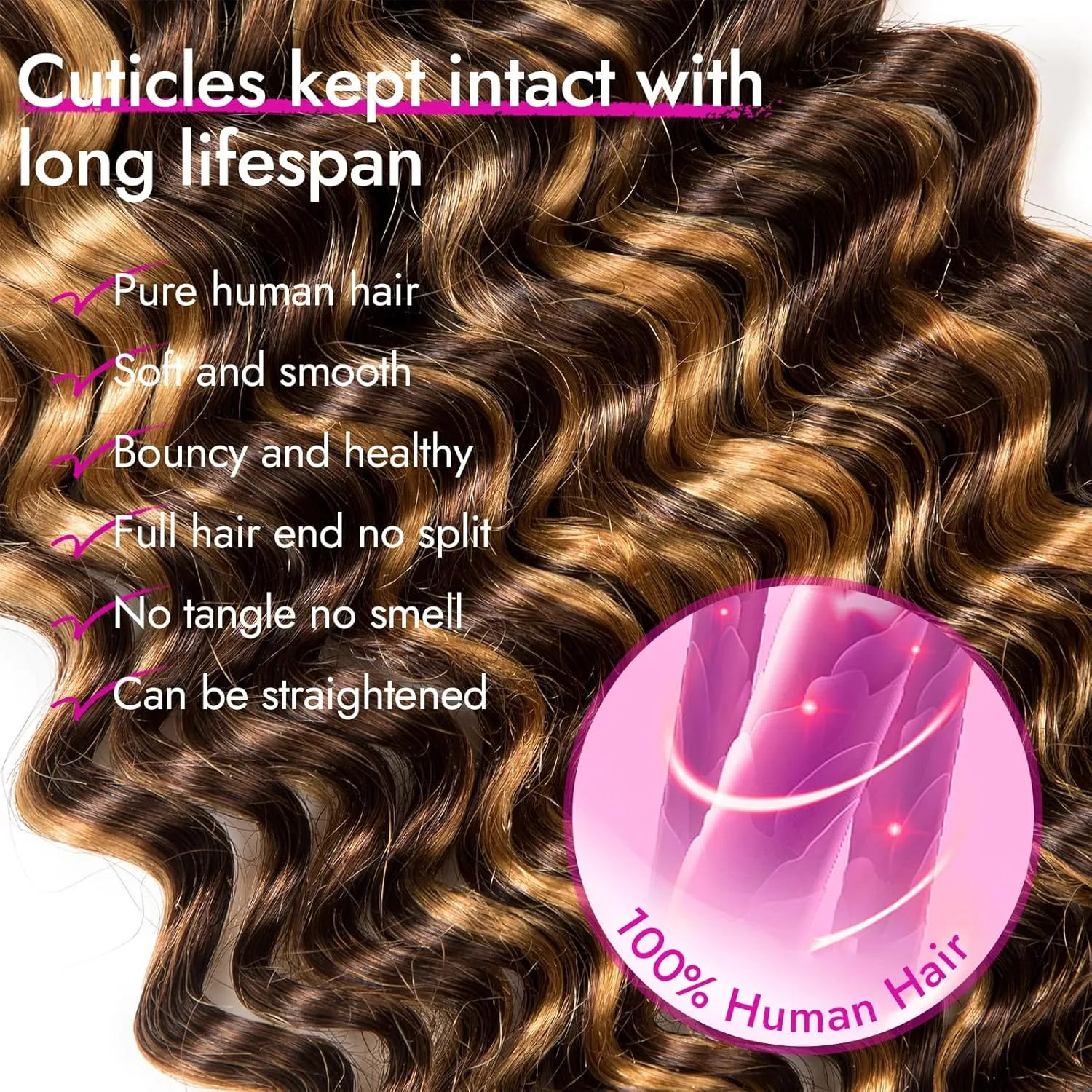Human Braiding Hair Deep Water Wave 2 Bundles/Pack 50g 18 Inch, Chololate Brown to Honey Blonde Bulk Human Hair Braiding Hair for Boho Braids, Curly Wet and Wavy Bohemian Human Hair for Braiding
