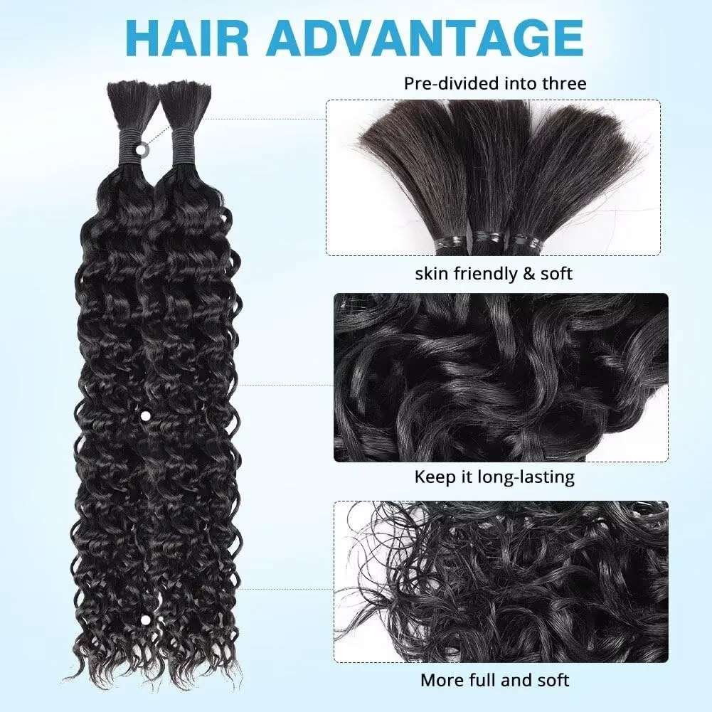 Human Braiding Hair Water Wave Bulk Human Hair 100g 20 Inch Curly Human Hair for Boho Braids Hair Extensions No Weft 2 Braids Per Pack Wet and Wavy Human Hair Braiding Hair Natural Black