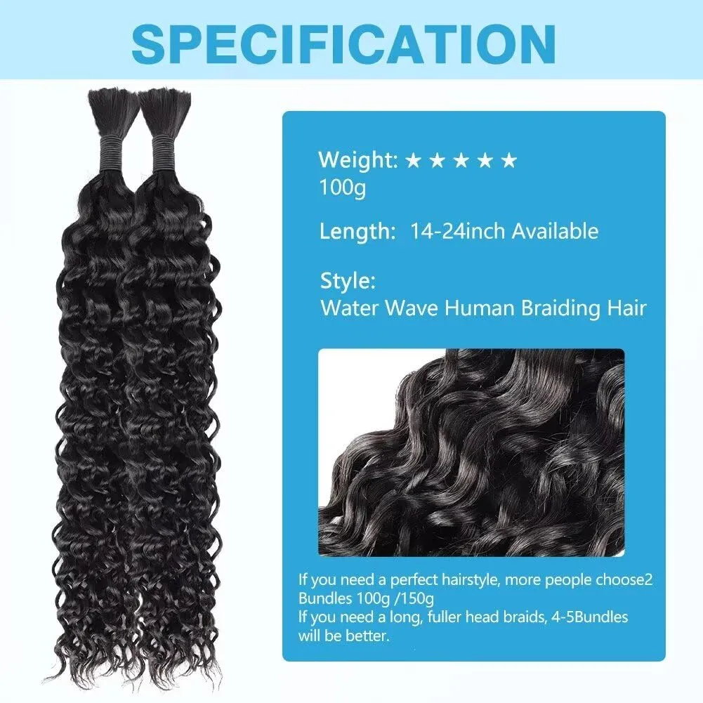 Human Braiding Hair Water Wave Bulk Human Hair 100g 20 Inch Curly Human Hair for Boho Braids Hair Extensions No Weft 2 Braids Per Pack Wet and Wavy Human Hair Braiding Hair Natural Black