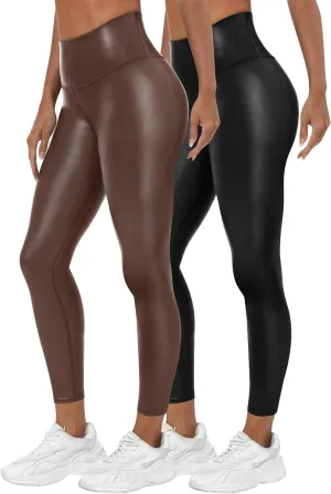 Huukeay 2 Pack Women's Faux Leather Leggings High Waist Stretch Matte Yoga Pants Athletic Dressy Pleather Soft Tights