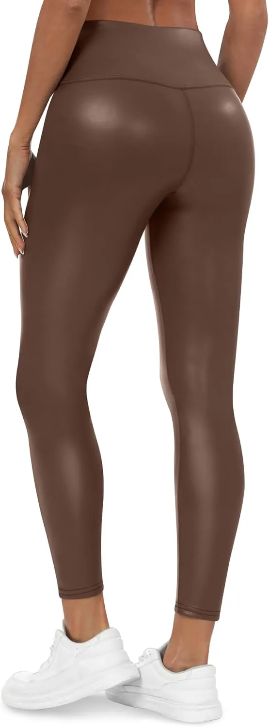 Huukeay 2 Pack Women's Faux Leather Leggings High Waist Stretch Matte Yoga Pants Athletic Dressy Pleather Soft Tights