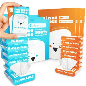 Impossibly Compact Travel Wipes Flushable & Hand Wipes with Natural Extracts - Skin-Friendly Wipes, Hypoallergenic & Unscented Travel Size for Adults, Kids & Baby Care - 144 Flushable & 180 Hand Wipes