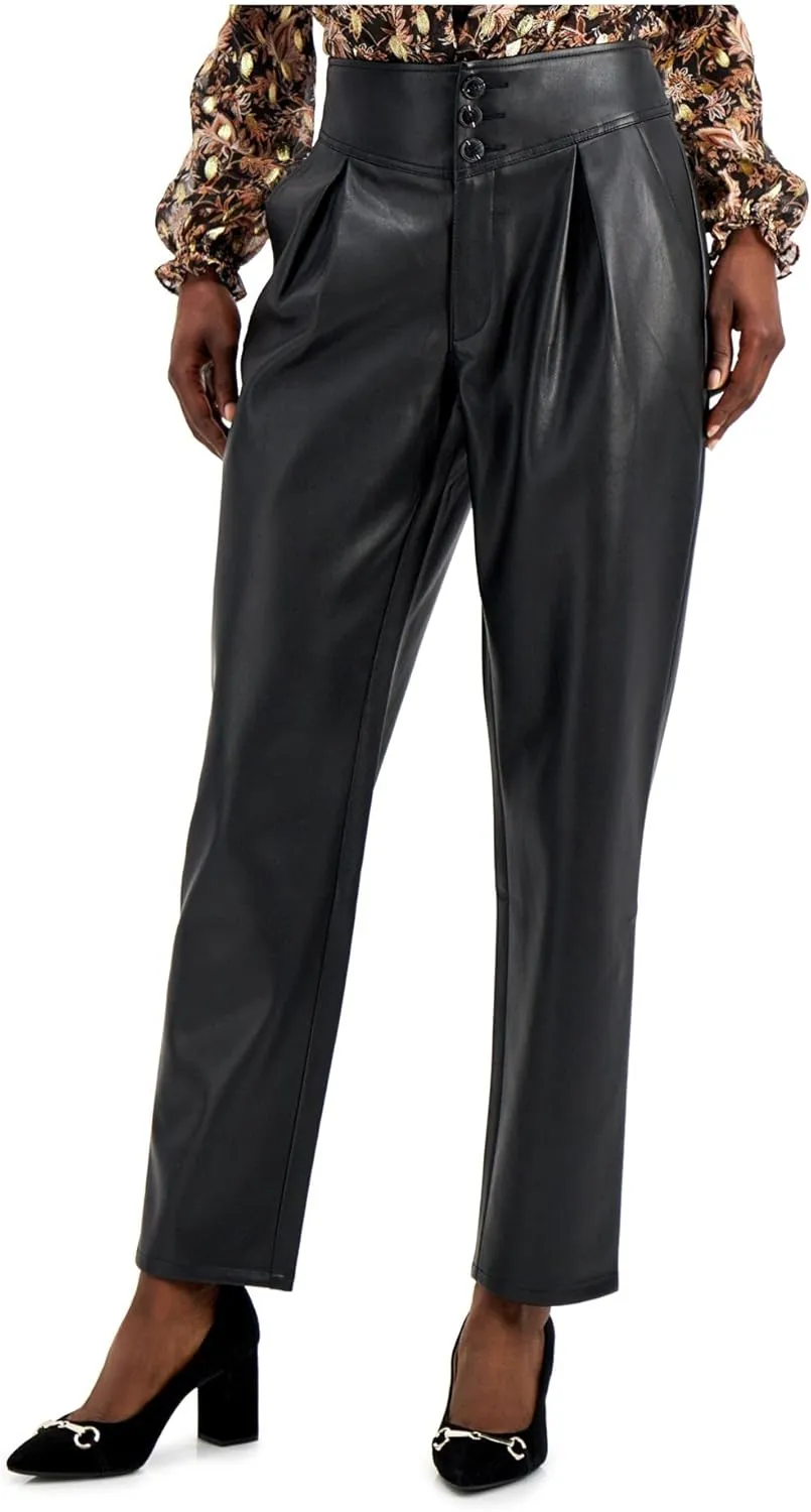 INC International Concepts INC Womens Faux-Leather Pleat-Front PantsBlack, Size 10