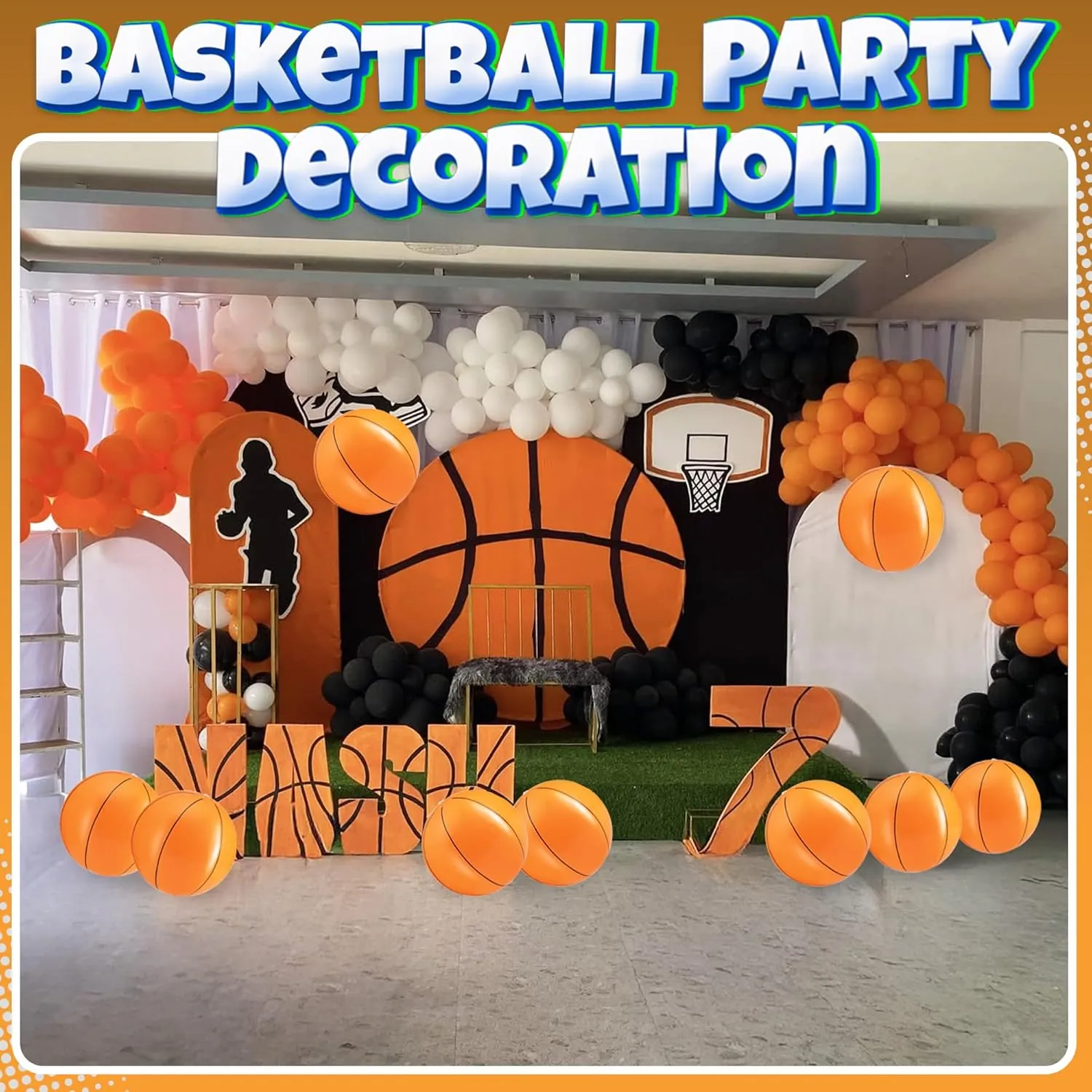 Inflatable Basketballs (Pack of 12) 16-inch Beach Balls for Pool Beach Toys & Basketball Party Favors for Kids Sports Themed Birthday Party Decorations, Outdoor Backyard Summer Pool Games Supplies