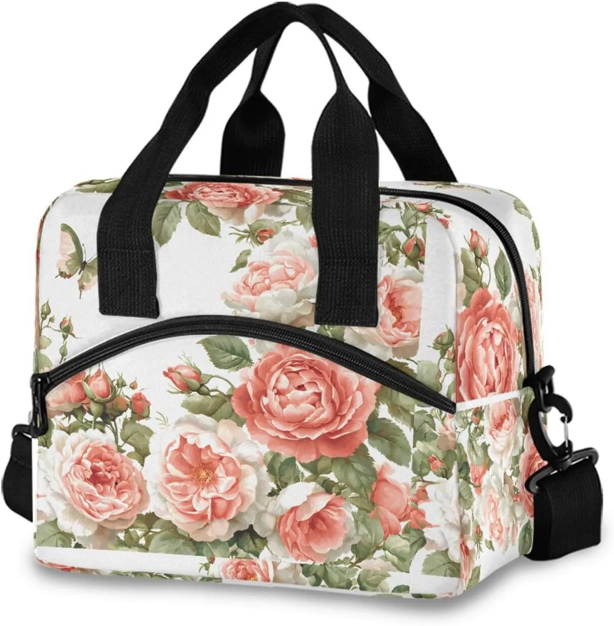 Insulated Lunch Bag for Women Men Coral Flower Pink Butterfly Pattern Large Reusable Lunch Box Adult Leakproof Portable Cooler Tote Bags for Work Picnic