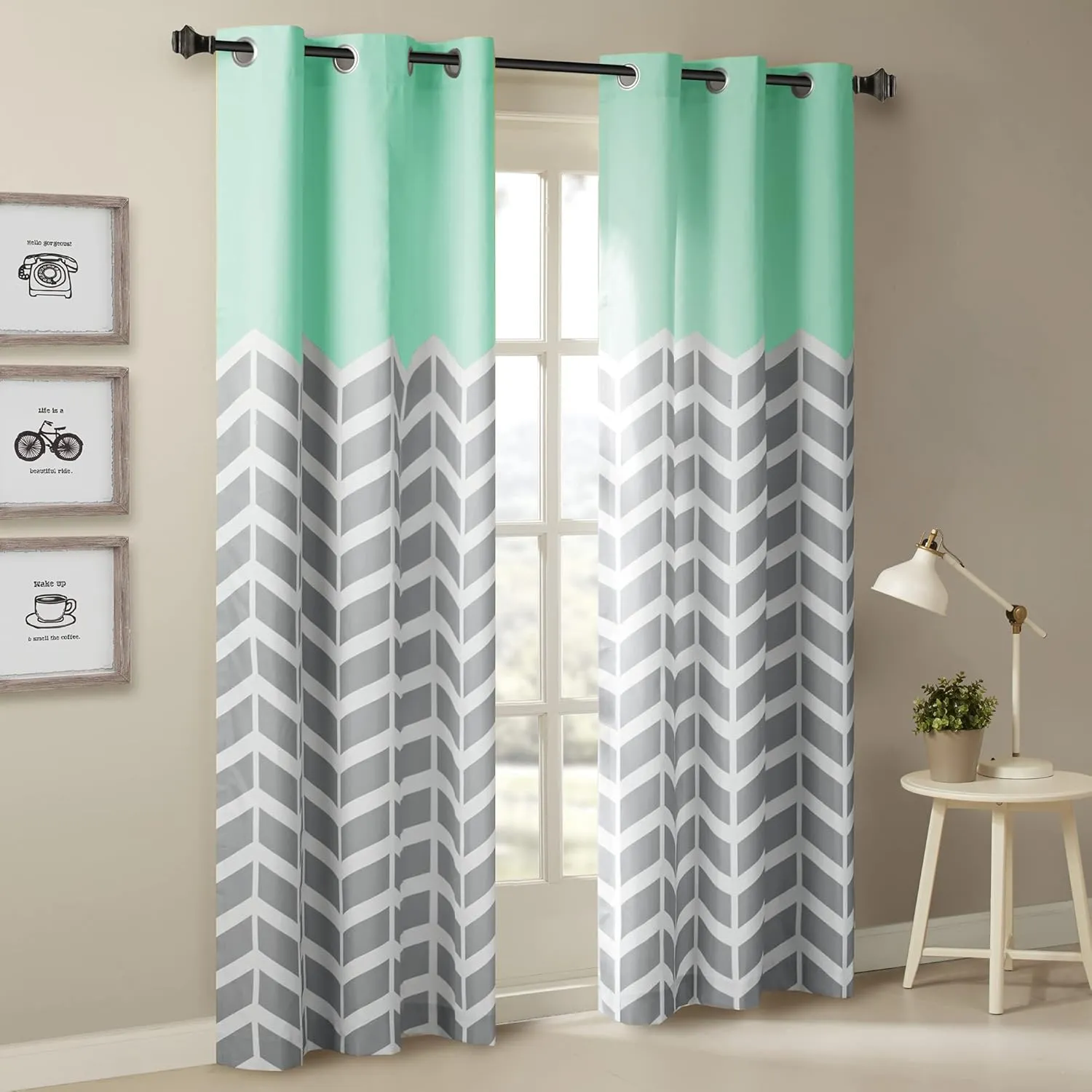 Intelligent Design Alex Chevron Curtains for Living Room, Modern Contemporary Grommet Room Darkening Panels for Bedroom, Geometric Window Panel, 42X63, 2-Panel Pack, 42x84, Aqua