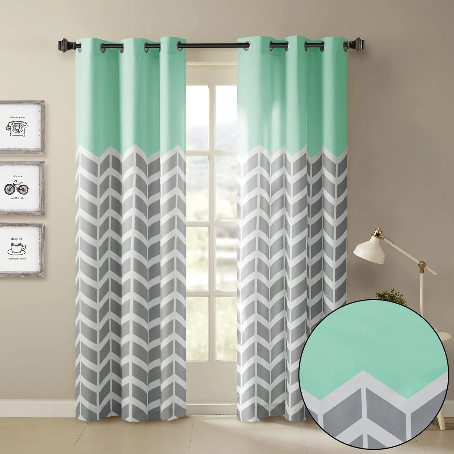 Intelligent Design Alex Chevron Curtains for Living Room, Modern Contemporary Grommet Room Darkening Panels for Bedroom, Geometric Window Panel, 42X63, 2-Panel Pack, 42x84, Aqua