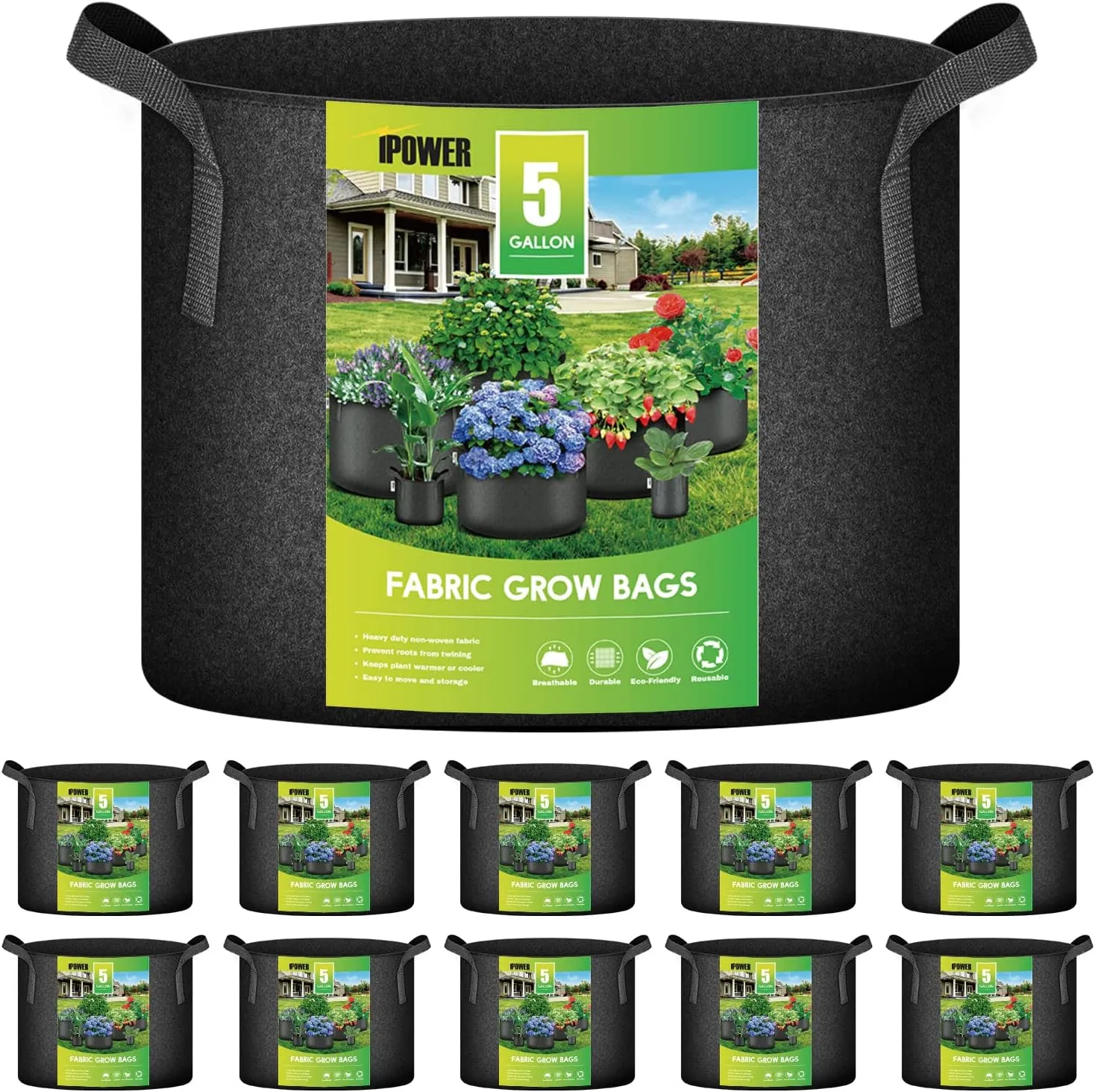 iPower 5 Gallon 10 Pack Grow Bags Nonwoven Fabric Pots Aeration Container with Strap Handles for Garden and Planting, 10-Pack Black, 5 Gallon