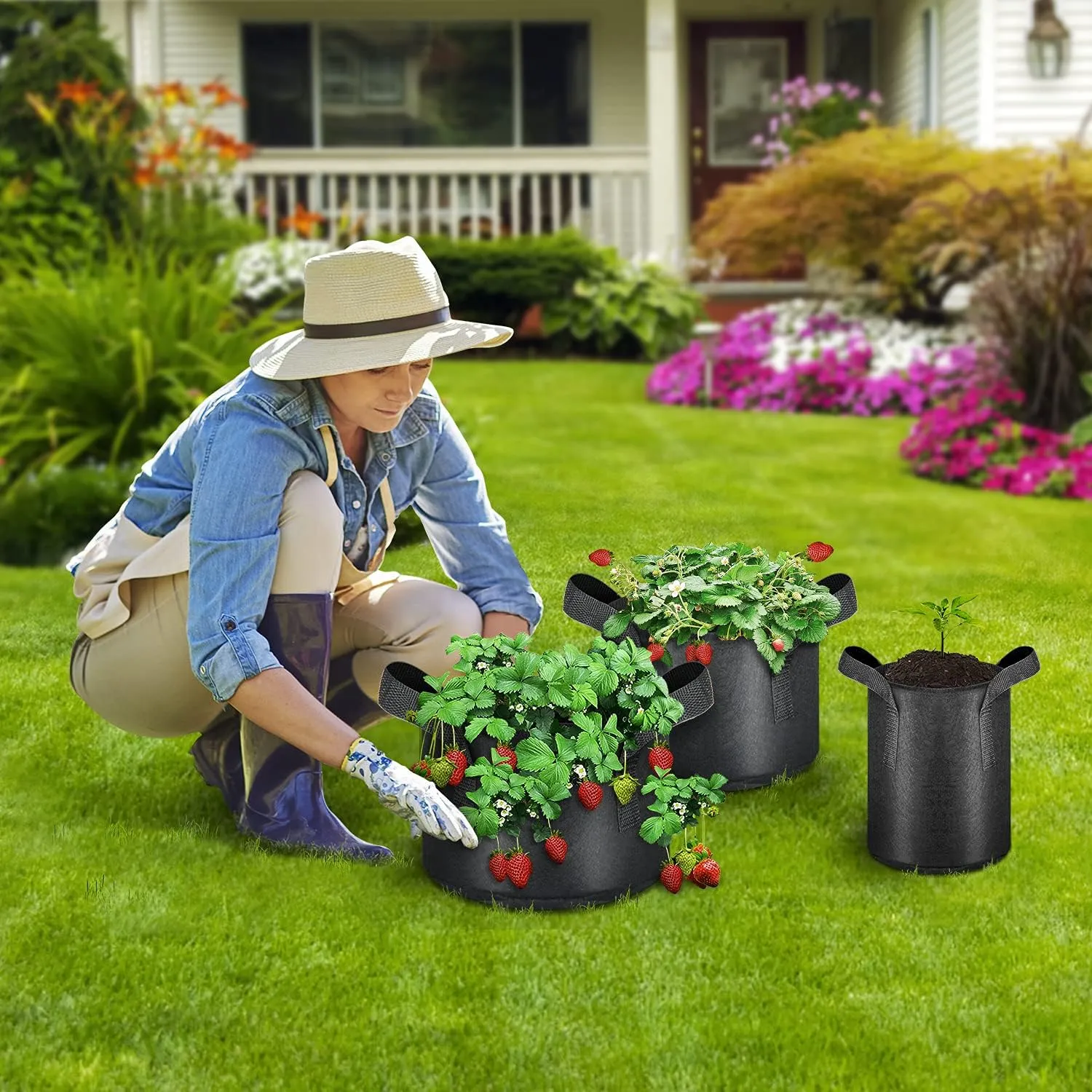 iPower 5 Gallon 10 Pack Grow Bags Nonwoven Fabric Pots Aeration Container with Strap Handles for Garden and Planting, 10-Pack Black, 5 Gallon