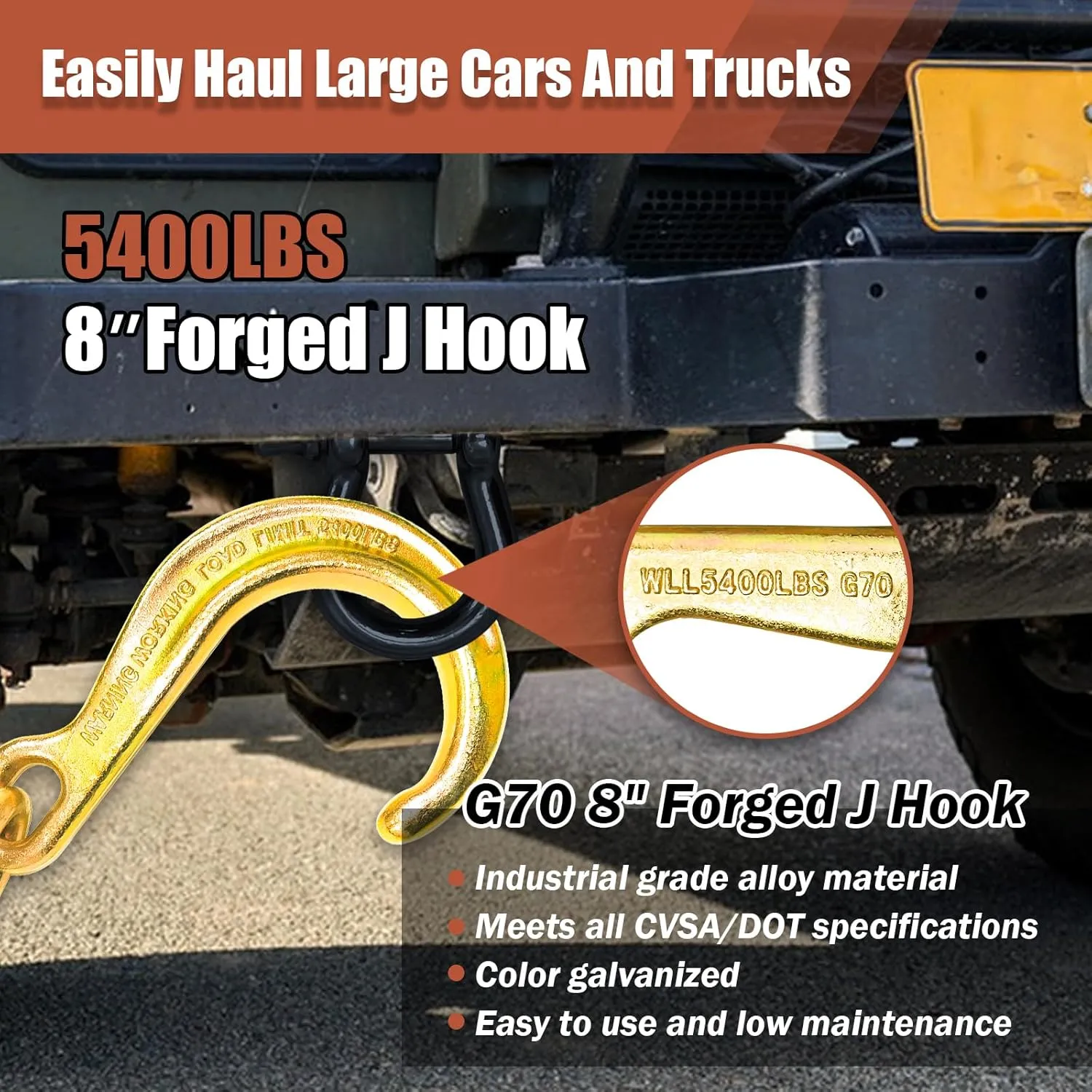 J Hook 8 Inch 2 Pack | Towing J Hooks | Short Tow Hook on Coupling Link | Yellow Zinc Plated J Tow Hook with Link | Heavy Duty G70 Tow Wrecker Roll Back Clevis | for Tractor Truck Trailer