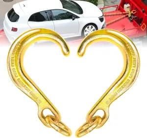 J Hook 8 Inch 2 Pack | Towing J Hooks | Short Tow Hook on Coupling Link | Yellow Zinc Plated J Tow Hook with Link | Heavy Duty G70 Tow Wrecker Roll Back Clevis | for Tractor Truck Trailer
