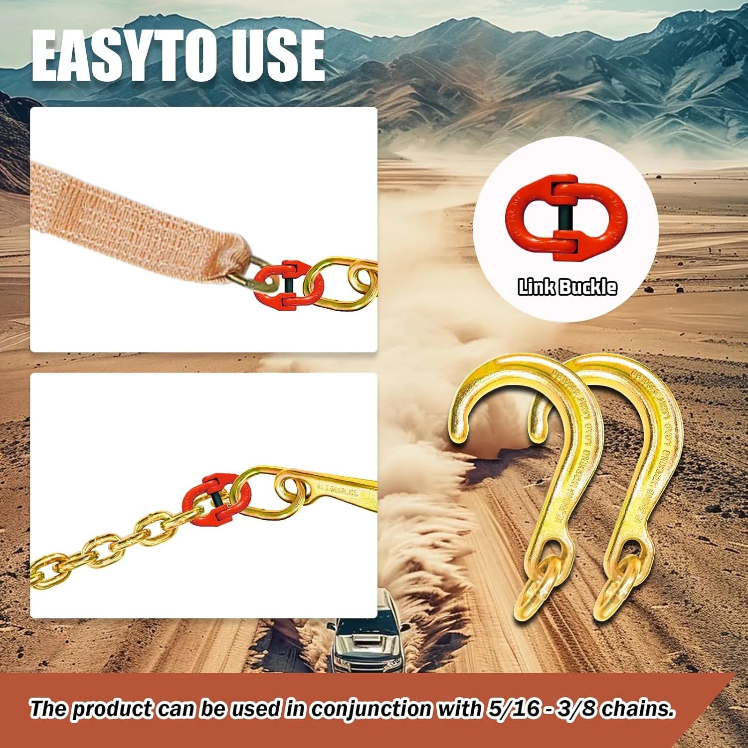 J Hook 8 Inch 2 Pack | Towing J Hooks | Short Tow Hook on Coupling Link | Yellow Zinc Plated J Tow Hook with Link | Heavy Duty G70 Tow Wrecker Roll Back Clevis | for Tractor Truck Trailer