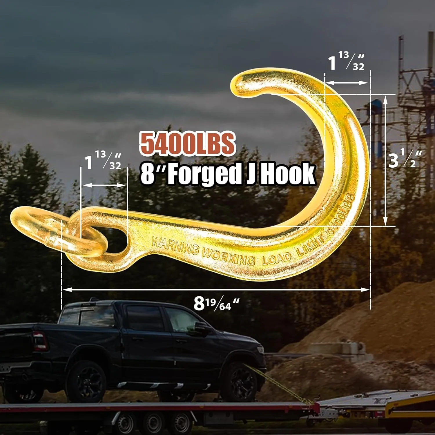 J Hook 8 Inch 2 Pack | Towing J Hooks | Short Tow Hook on Coupling Link | Yellow Zinc Plated J Tow Hook with Link | Heavy Duty G70 Tow Wrecker Roll Back Clevis | for Tractor Truck Trailer