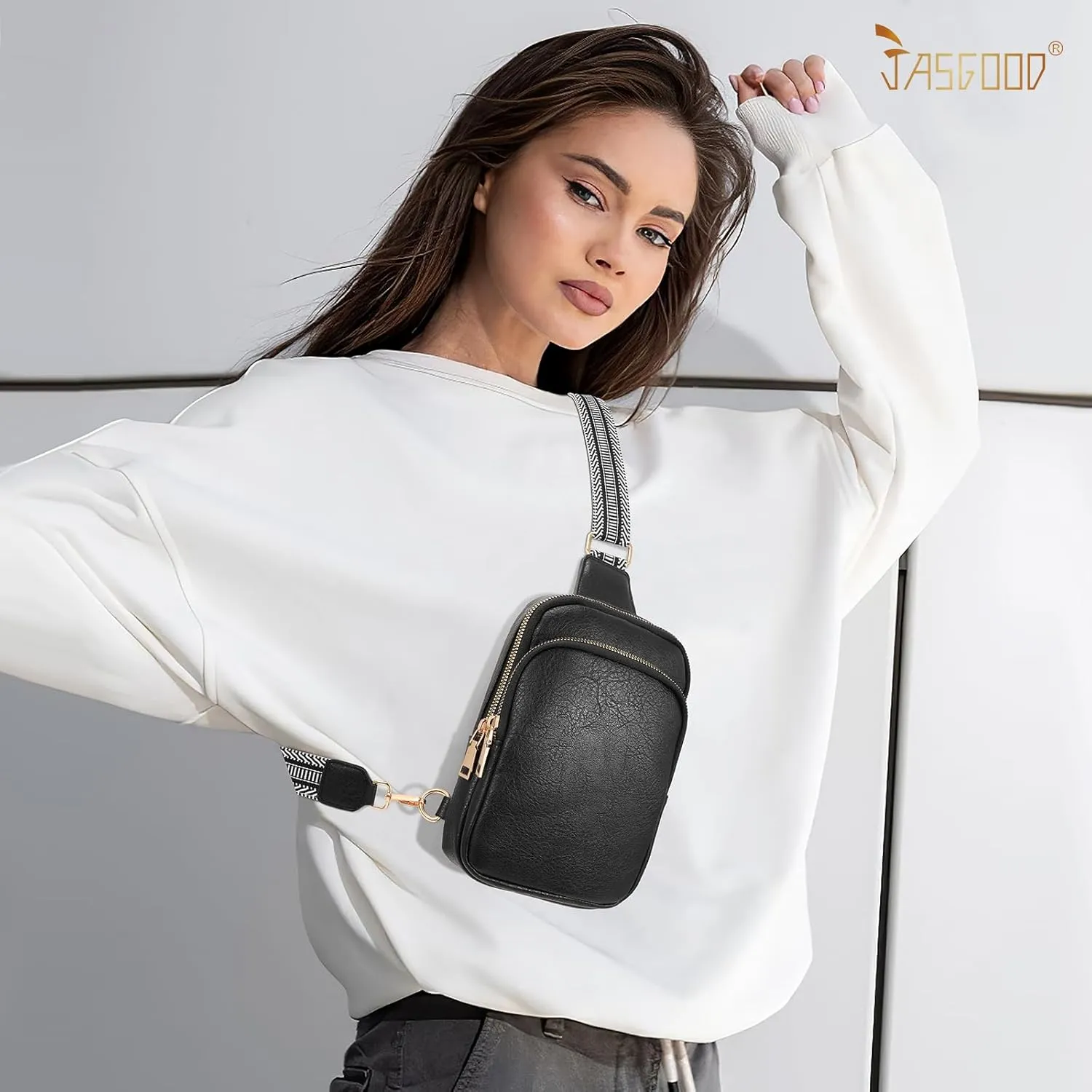 JASGOOD Small Sling Bag, PU Leather Travel Fanny Packs Crossbody Bags for Women Men