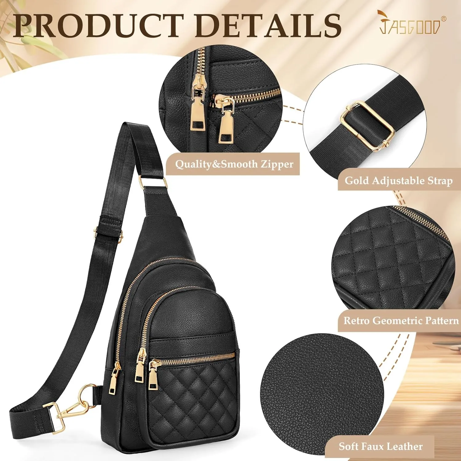 JASGOOD Women Sling Bag Crossbody Leather Fanny Packs Chest Bag Sling Backpack for Fashion Travel, Black