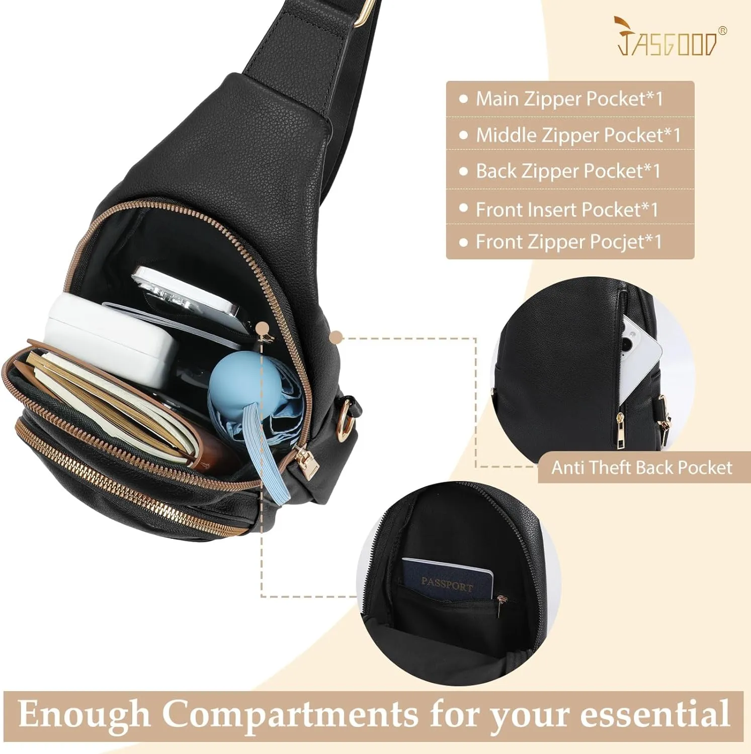 JASGOOD Women Sling Bag Crossbody Leather Fanny Packs Chest Bag Sling Backpack for Fashion Travel, Black