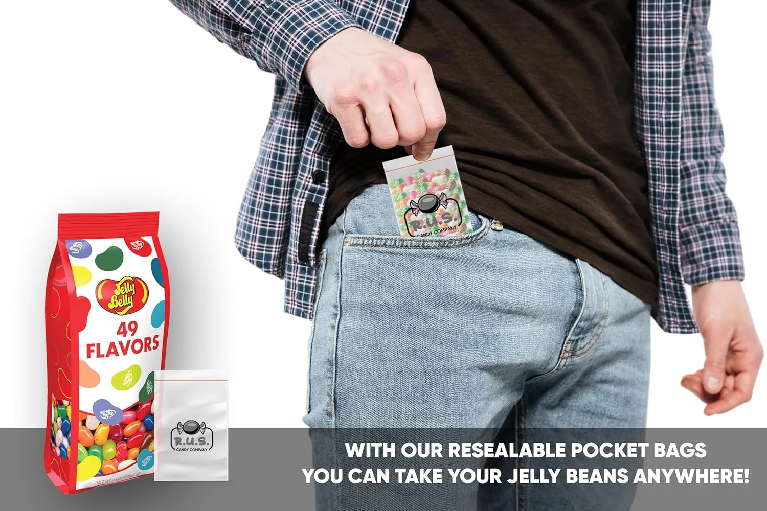 Jelly Belly - 49 Assorted Flavor Jelly Beans - 7.5 oz Gift Bag- includes RUS Candy Company Travel Size Pocket Bag (49 Flavors)