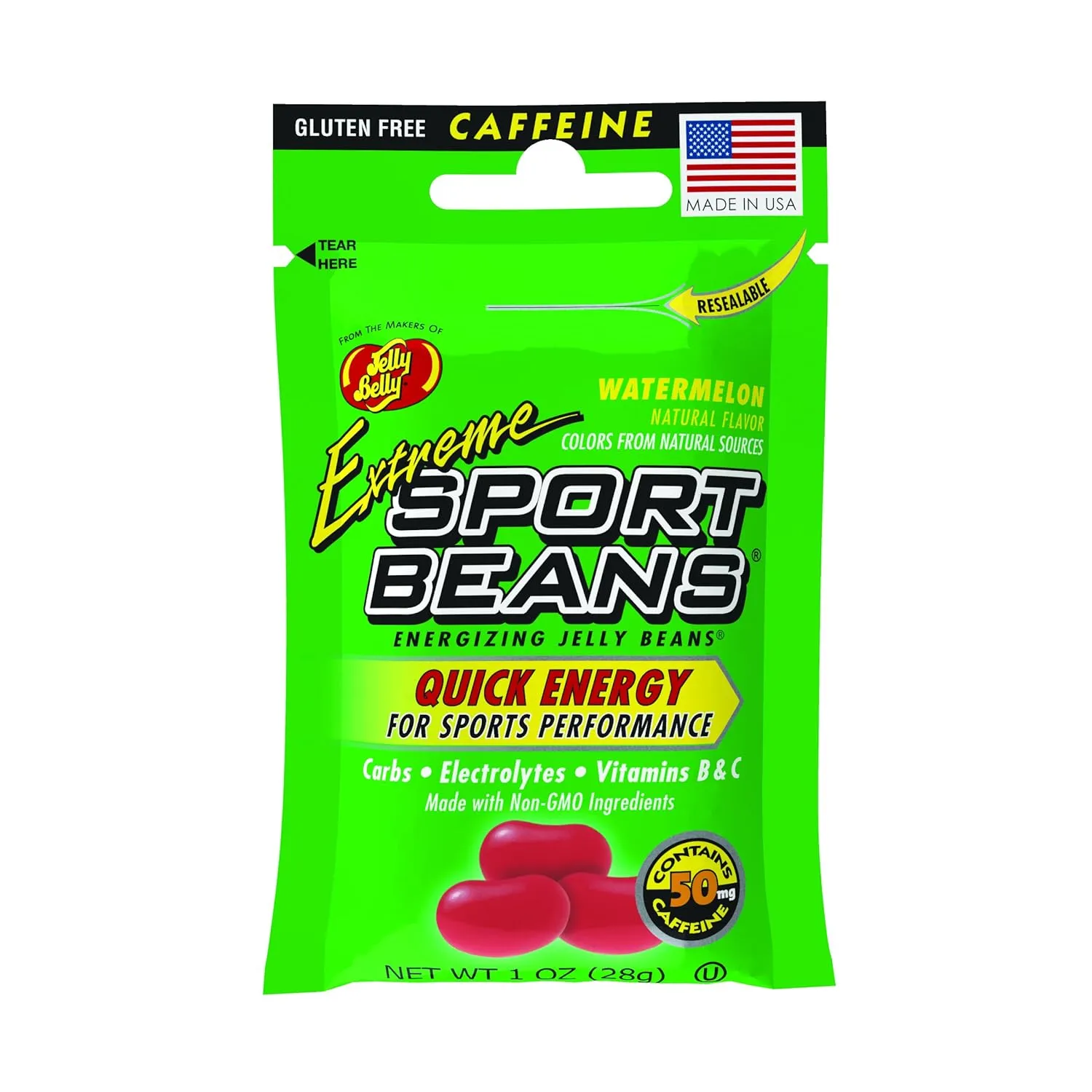 Jelly Belly Extreme Sport Beans, Caffeinated Jelly Beans, Watermelon Flavor, 24 Pack, 1-oz Each