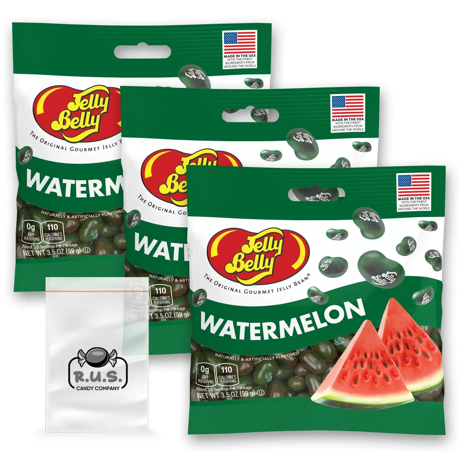 Jelly Belly Watermelon Jelly Beans- 3 Pack - 3.5 oz each, Fruity Jelly Beans- Juicy Burst of Summer in Every Bite! Perfect Candy Treat for Refreshing Snacking comes with 1 R.U.S. Candy Company pocket size travel bag (Watermelon)