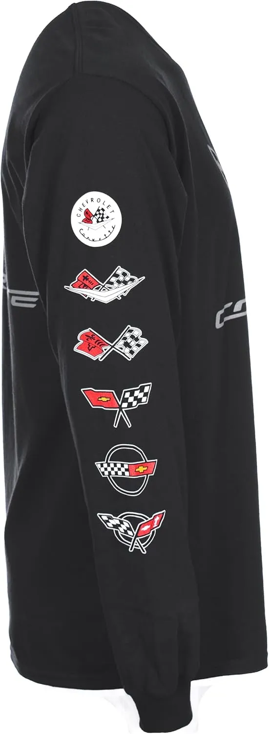 JH DESIGN GROUP Men's Chevy Corvette C7 Long Sleeve Black T-Shirt Front Back & Sleeve Logos
