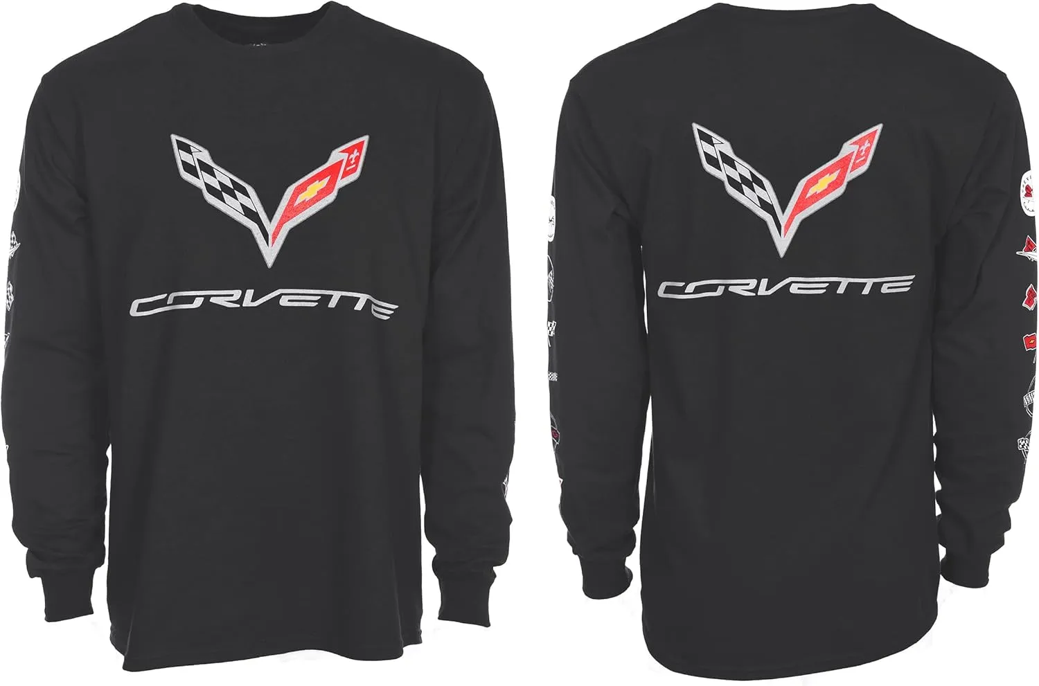 JH DESIGN GROUP Men's Chevy Corvette C7 Long Sleeve Black T-Shirt Front Back & Sleeve Logos