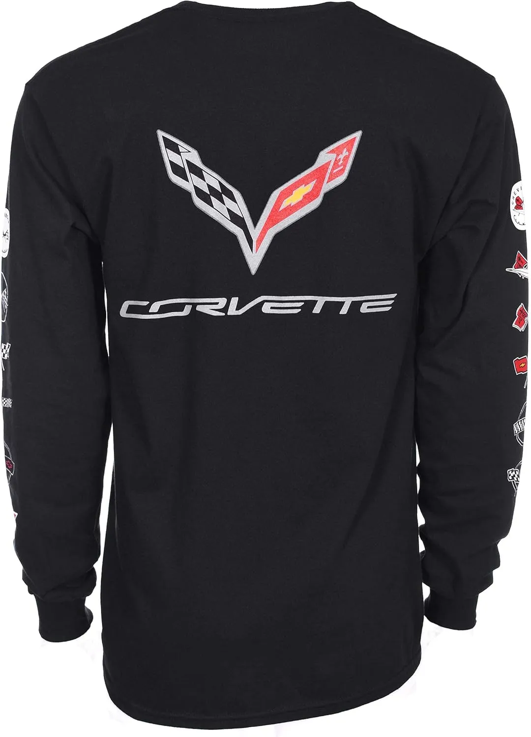 JH DESIGN GROUP Men's Chevy Corvette C7 Long Sleeve Black T-Shirt Front Back & Sleeve Logos