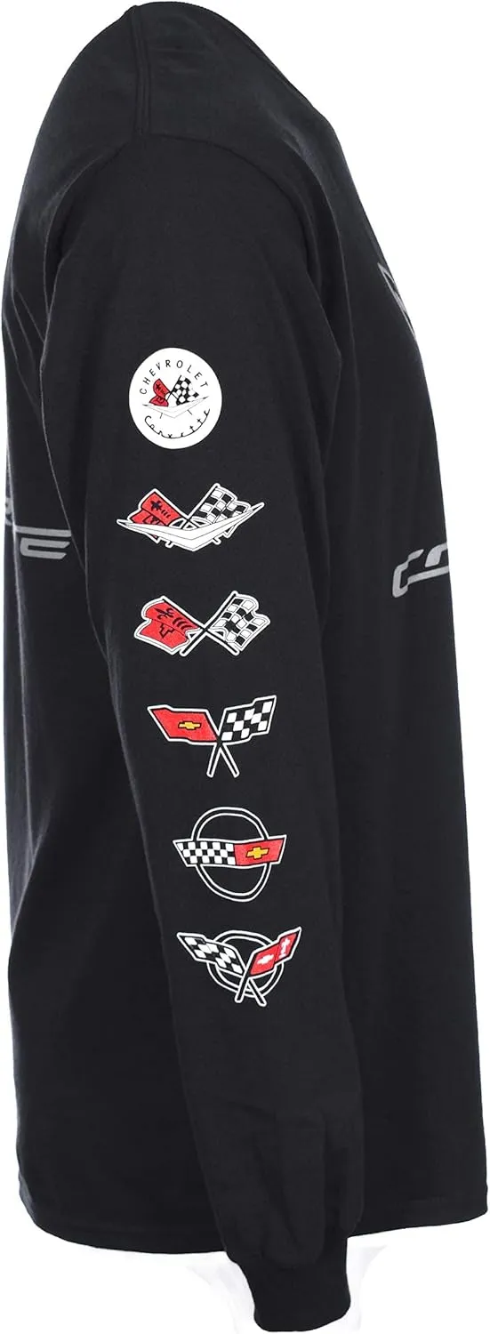 JH DESIGN GROUP Men's Chevy Corvette C7 Long Sleeve Black T-Shirt Front Back & Sleeve Logos
