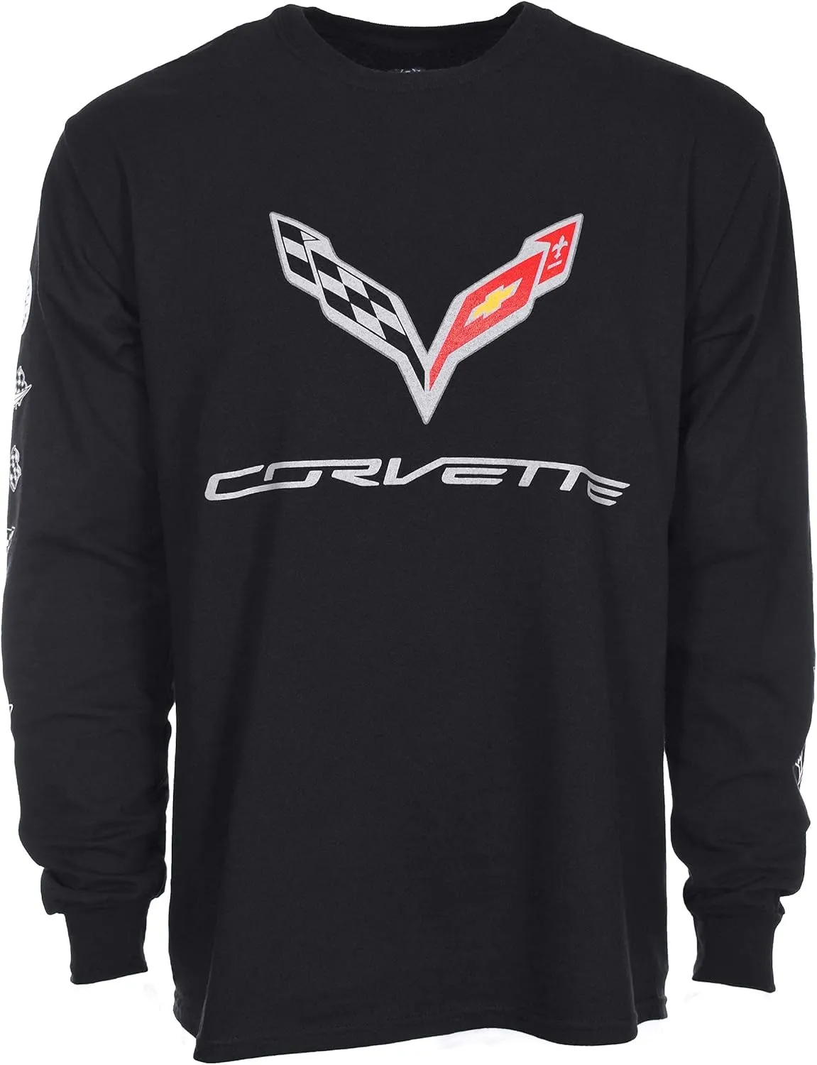 JH DESIGN GROUP Men's Chevy Corvette C7 Long Sleeve Black T-Shirt Front Back & Sleeve Logos