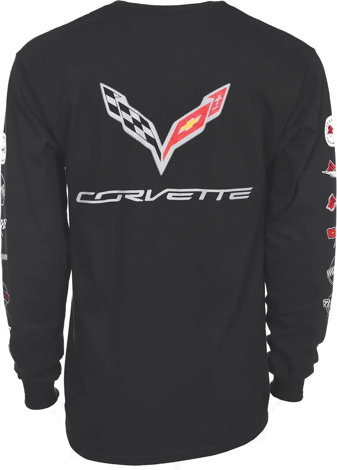 JH DESIGN GROUP Men's Chevy Corvette C7 Long Sleeve Black T-Shirt Front Back & Sleeve Logos