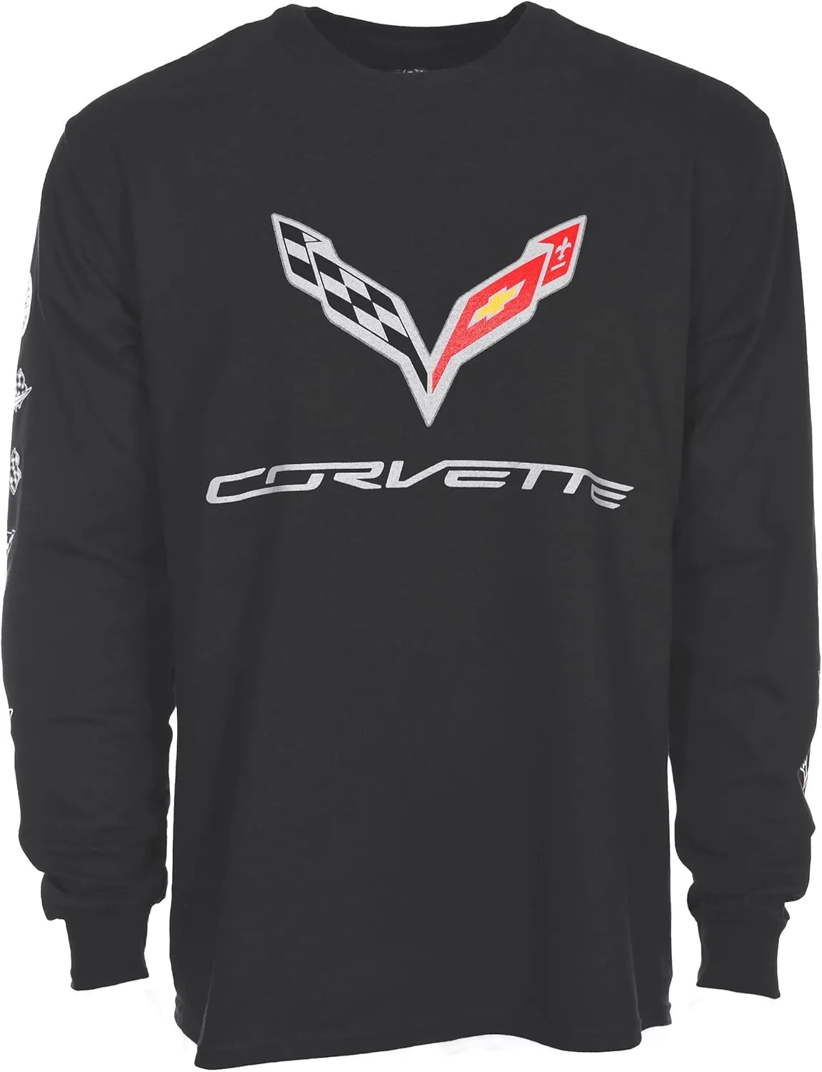 JH DESIGN GROUP Men's Chevy Corvette C7 Long Sleeve Black T-Shirt Front Back & Sleeve Logos