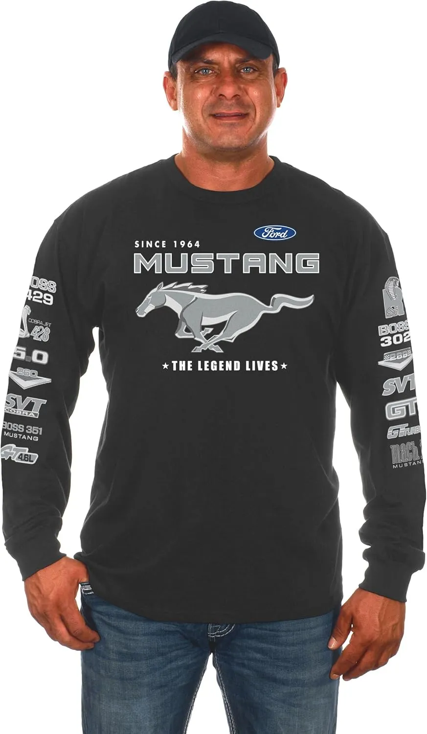 JH DESIGN GROUP Men's Ford Mustang Long Sleeve T-Shirt Front Back & Sleeve Logos