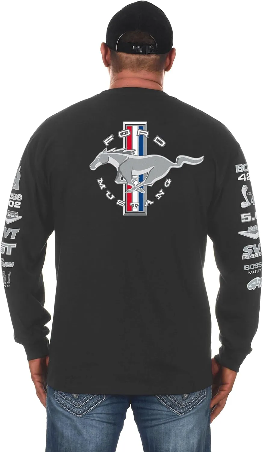 JH DESIGN GROUP Men's Ford Mustang Long Sleeve T-Shirt Front Back & Sleeve Logos