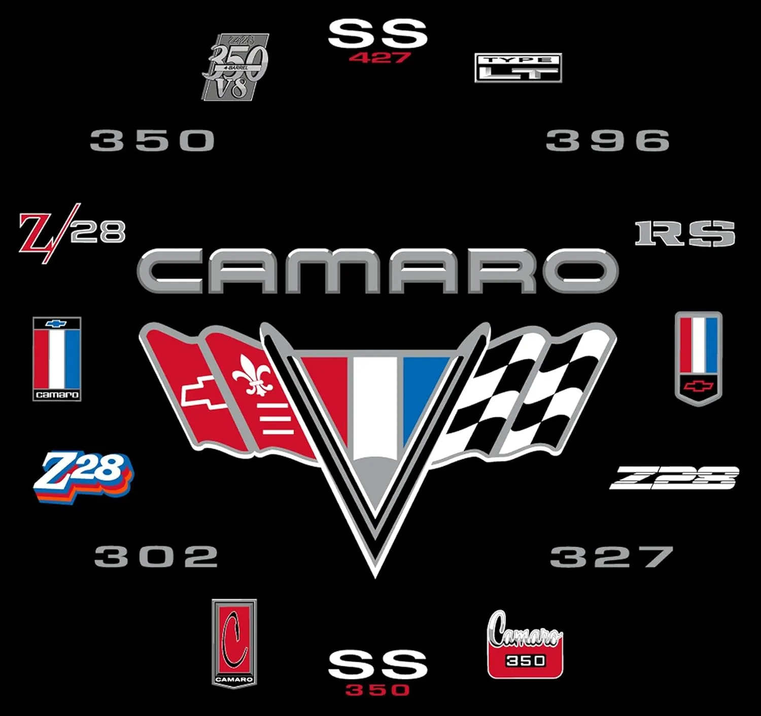 JH Design Men's Chevy Camaro Collage T-Shirt Short Sleeve Black Crew Neck Shirt