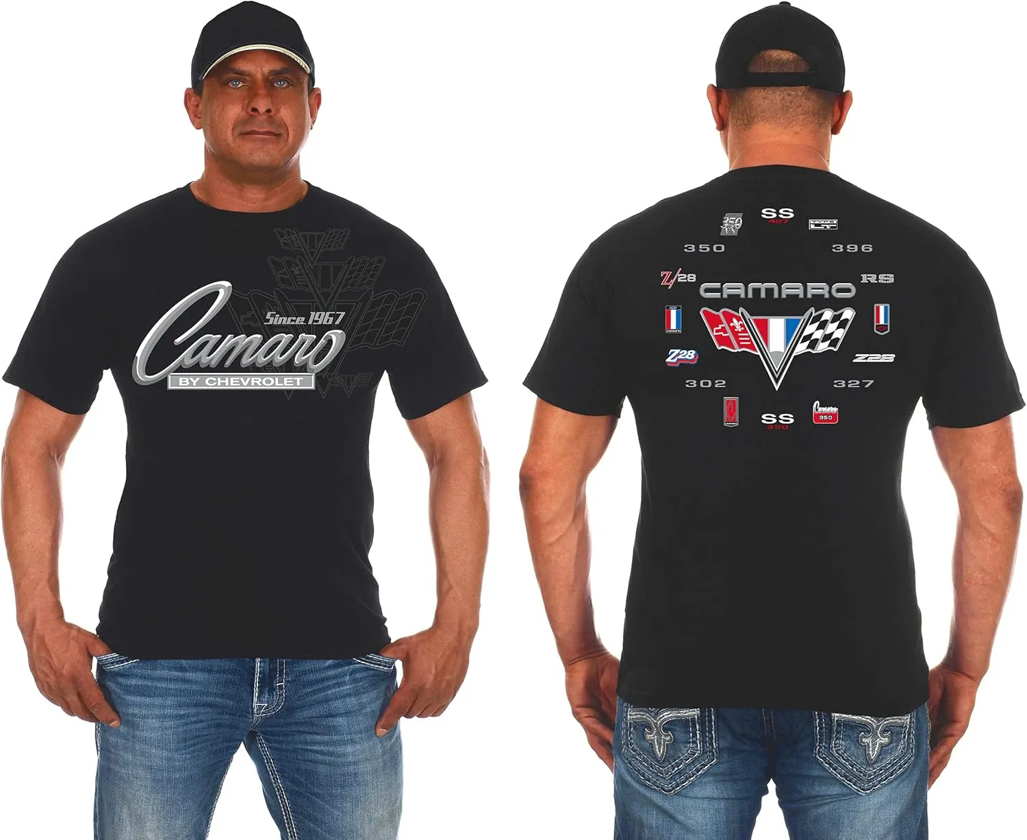 JH Design Men's Chevy Camaro Collage T-Shirt Short Sleeve Black Crew Neck Shirt