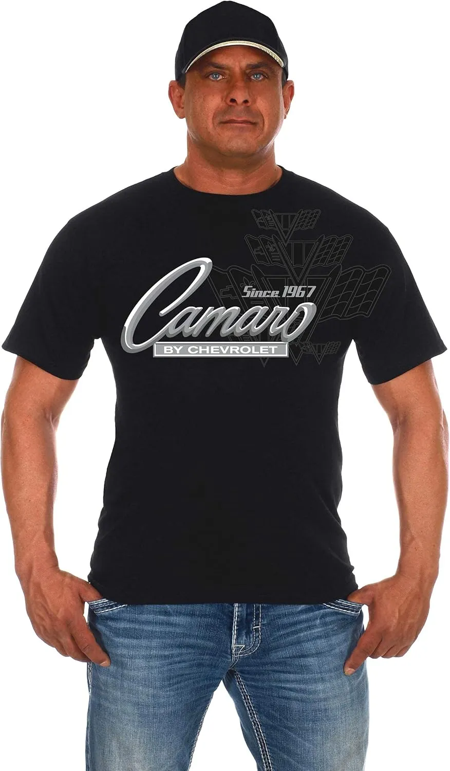 JH Design Men's Chevy Camaro Collage T-Shirt Short Sleeve Black Crew Neck Shirt