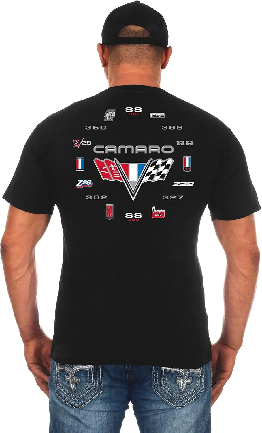 JH Design Men's Chevy Camaro Collage T-Shirt Short Sleeve Black Crew Neck Shirt