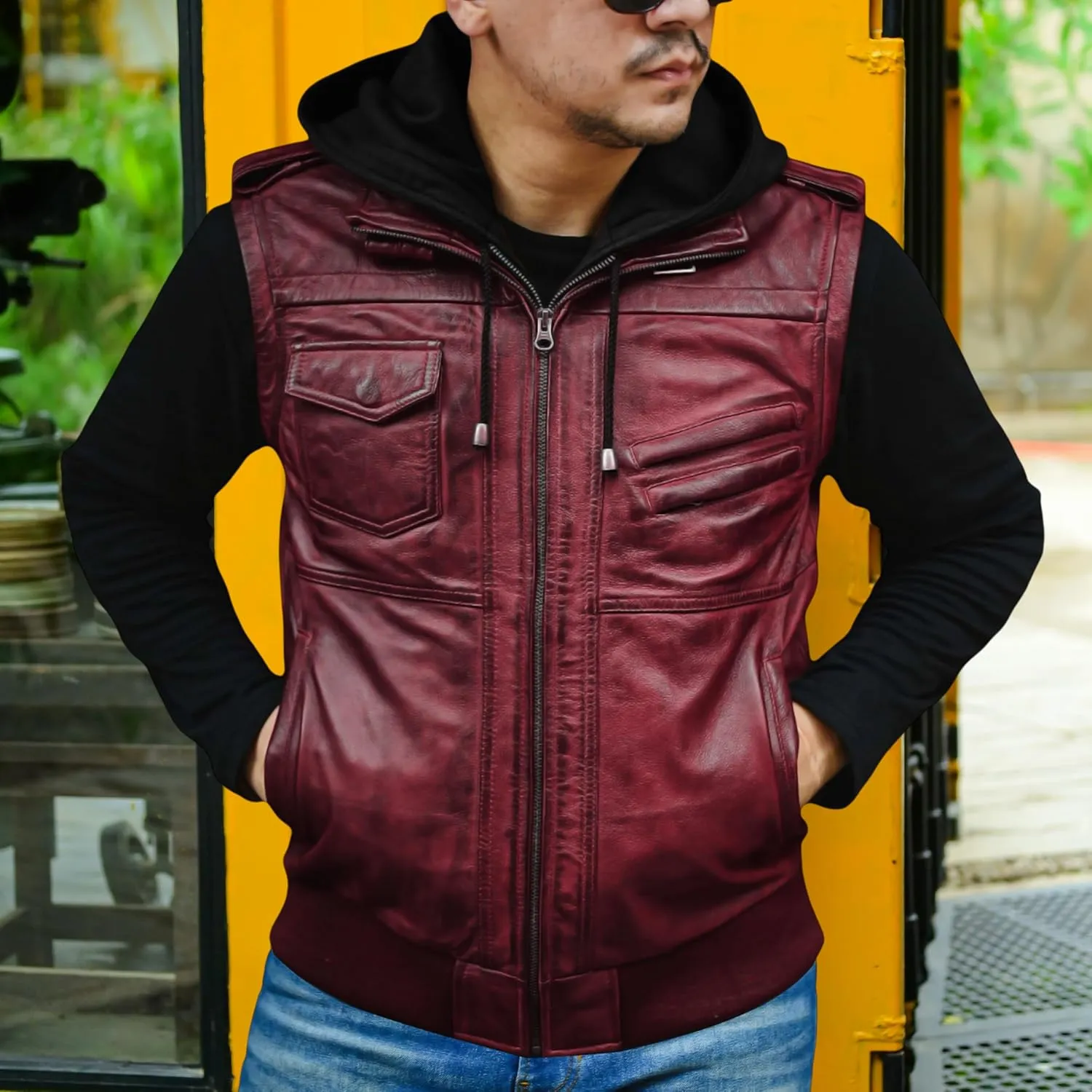 Jild Hooded 2.0 Leather Jacket Men - Genuine Lambskin Leather Bomber Jacket with Removable Hood for Mens Fashion