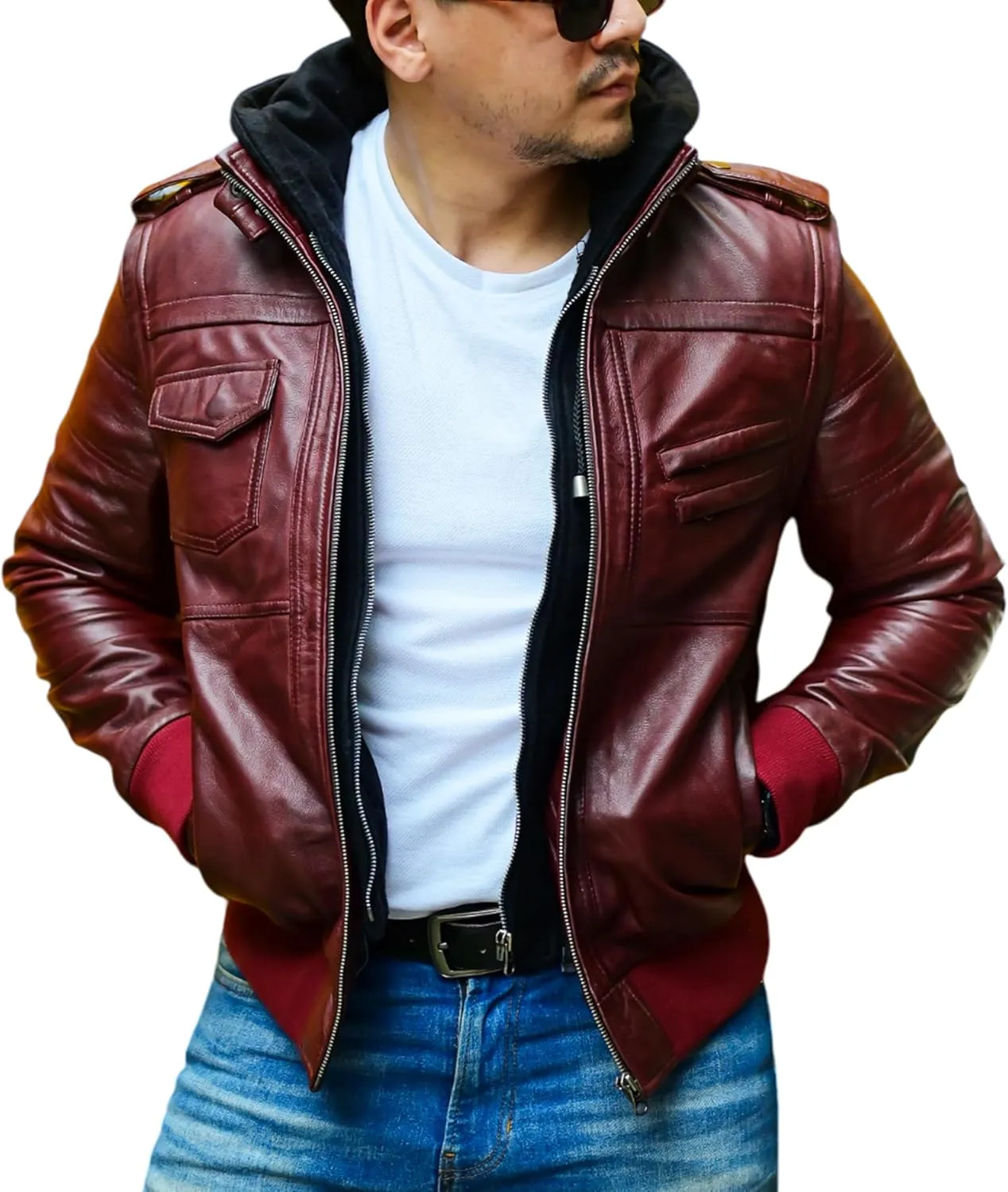 Jild Hooded 2.0 Leather Jacket Men - Genuine Lambskin Leather Bomber Jacket with Removable Hood for Mens Fashion
