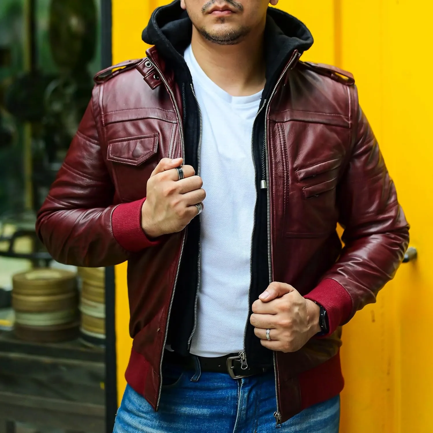 Jild Hooded 2.0 Leather Jacket Men - Genuine Lambskin Leather Bomber Jacket with Removable Hood for Mens Fashion